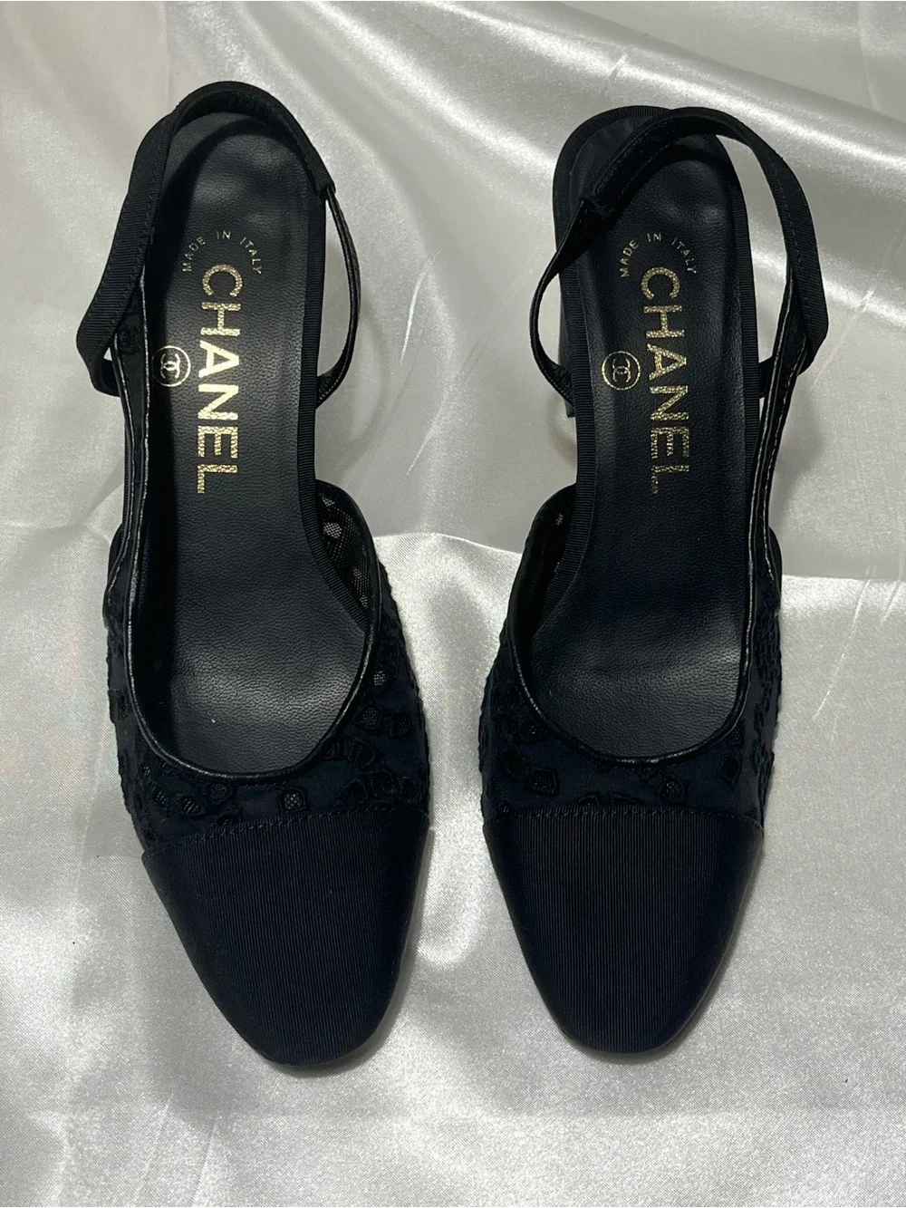 CHANEL Black Slingback Lace-Trim Pumps